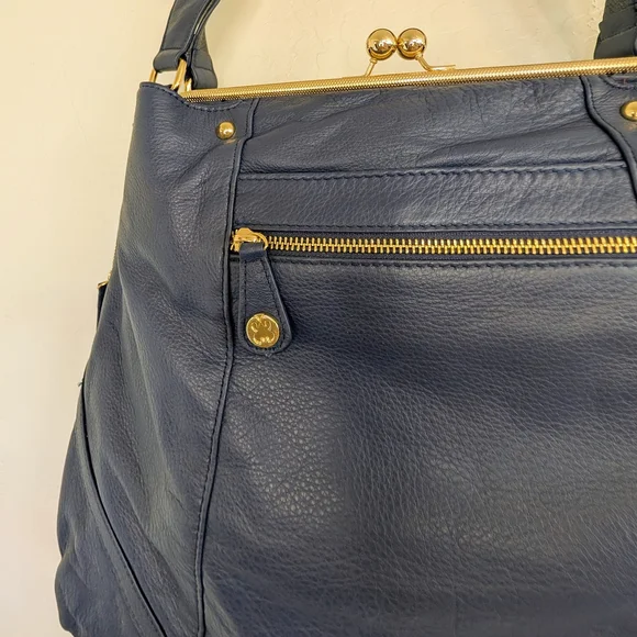 EMMA FOX Navy Genuine Leather Frame-Top Shoulder Bag Vintage-inspired Kiss-Lock - Picture 8 of 15